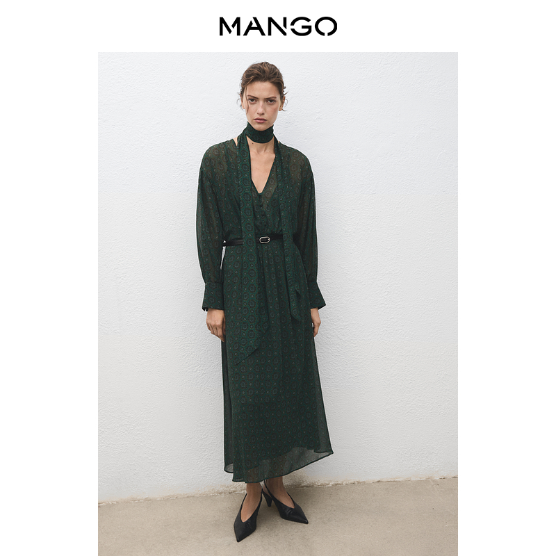 MANGO女装连衣裙2025秋装新款直筒带皮带围巾领印花雪纺连衣裙