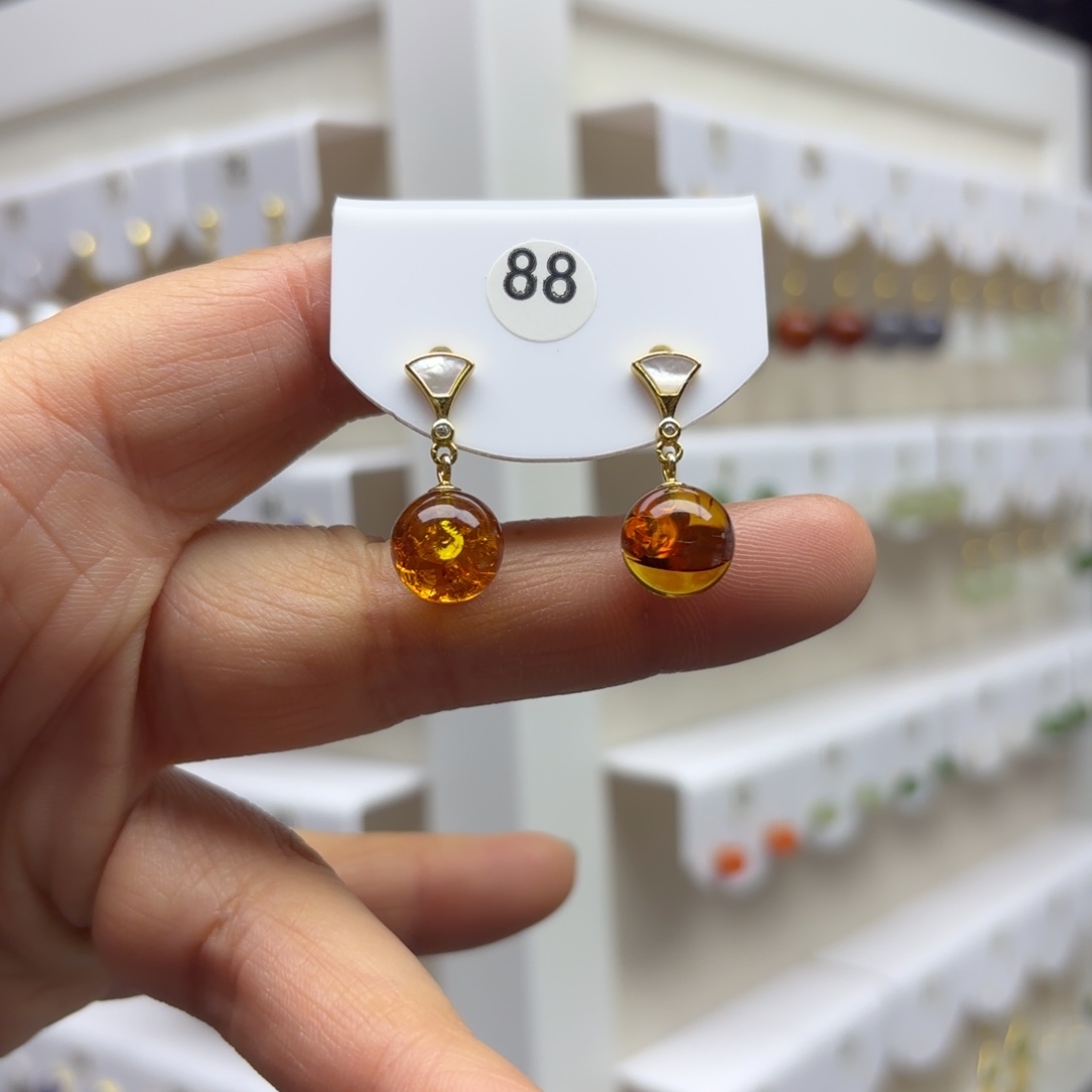 琥珀（花珀）银S925镶嵌耳饰