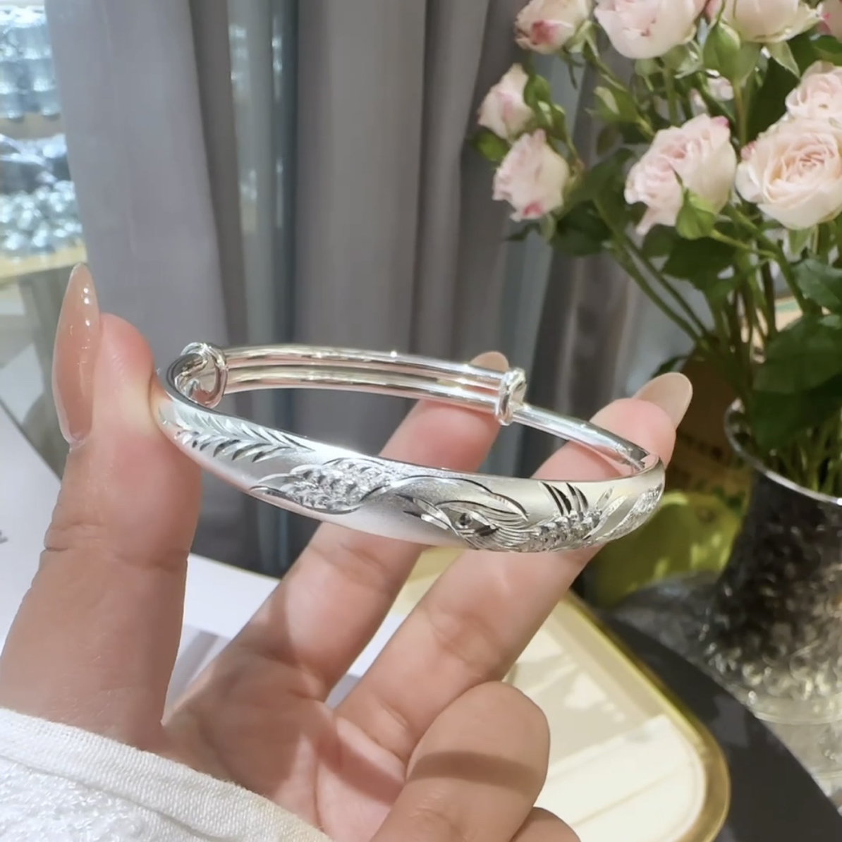 足银手镯 银鹤轩 凤凰 足银999推拉口送妈妈送奶奶足银999手镯