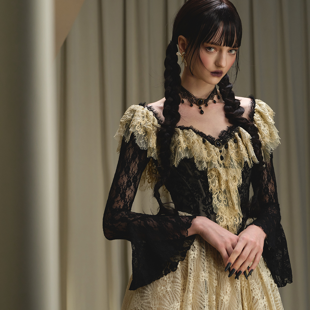 LaceMade 星期三 法式复古宫廷重工收藏款鱼骨收腰连衣裙礼服长裙