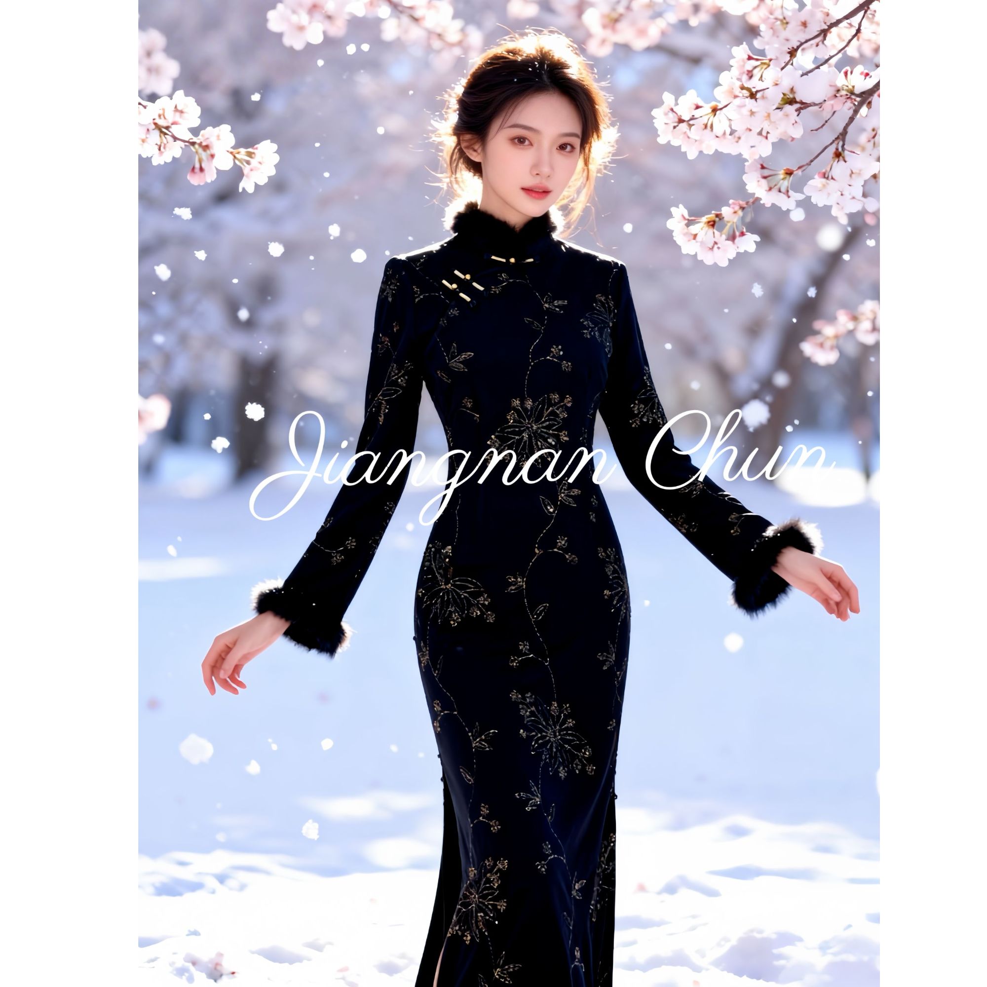 江南春【鎏金岁月】冬季加绒兔毛后拉链黑色显瘦修身气质旗袍连衣裙