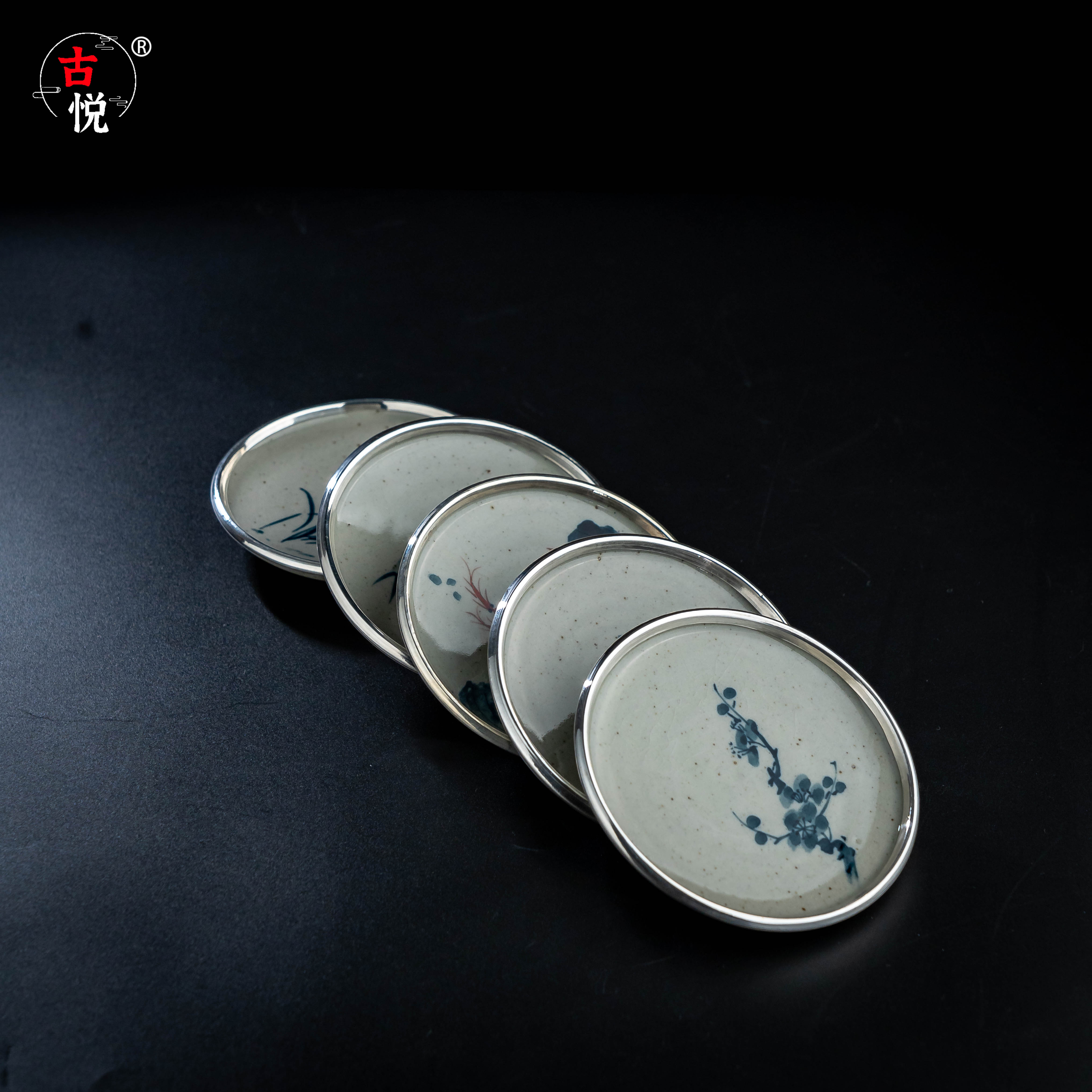 【古悦】手工艺品 柴窑手绘杯垫 茶道简约 茶具 摆件 包银陶瓷壶垫