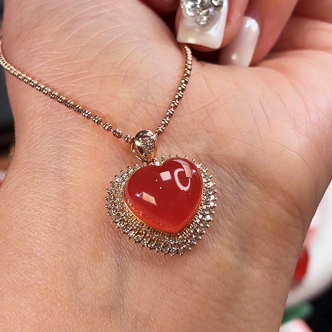 菱锰矿（红纹石）18K金镶嵌颈饰