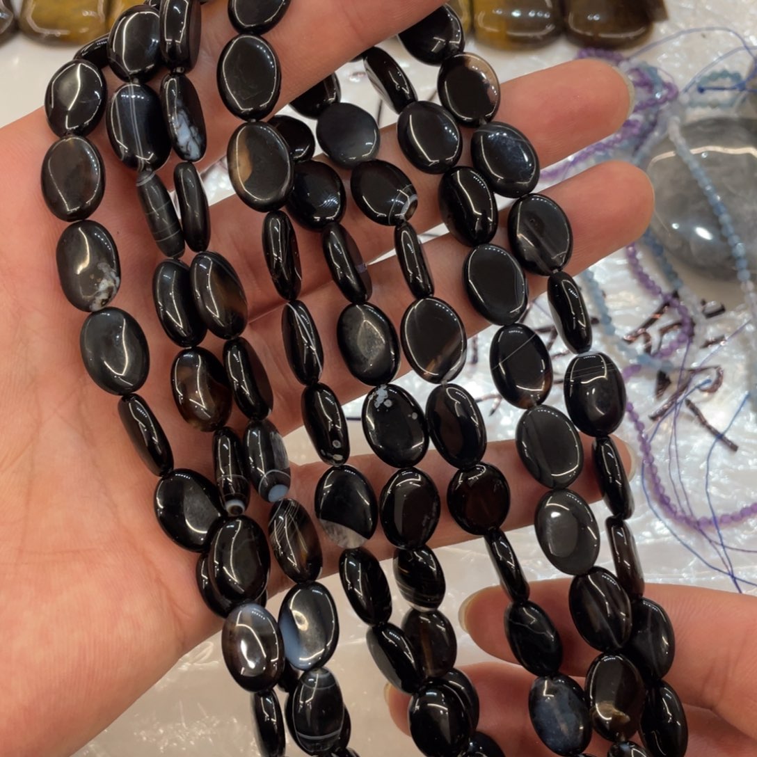 玛瑙/玉髓珠宝半成品未镶嵌一条装黑玛瑙椭圆片10*13mm