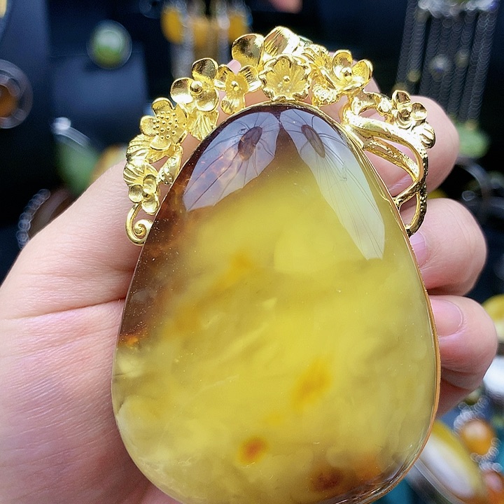 琥珀裸石银S925镶嵌坠