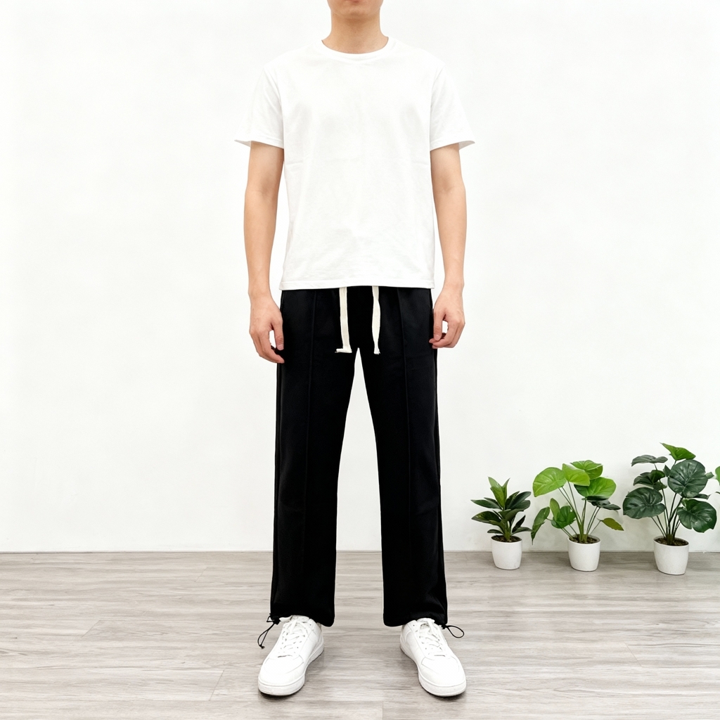 A23美式高街黑色直筒卫裤男重磅面料可调节直筒裤