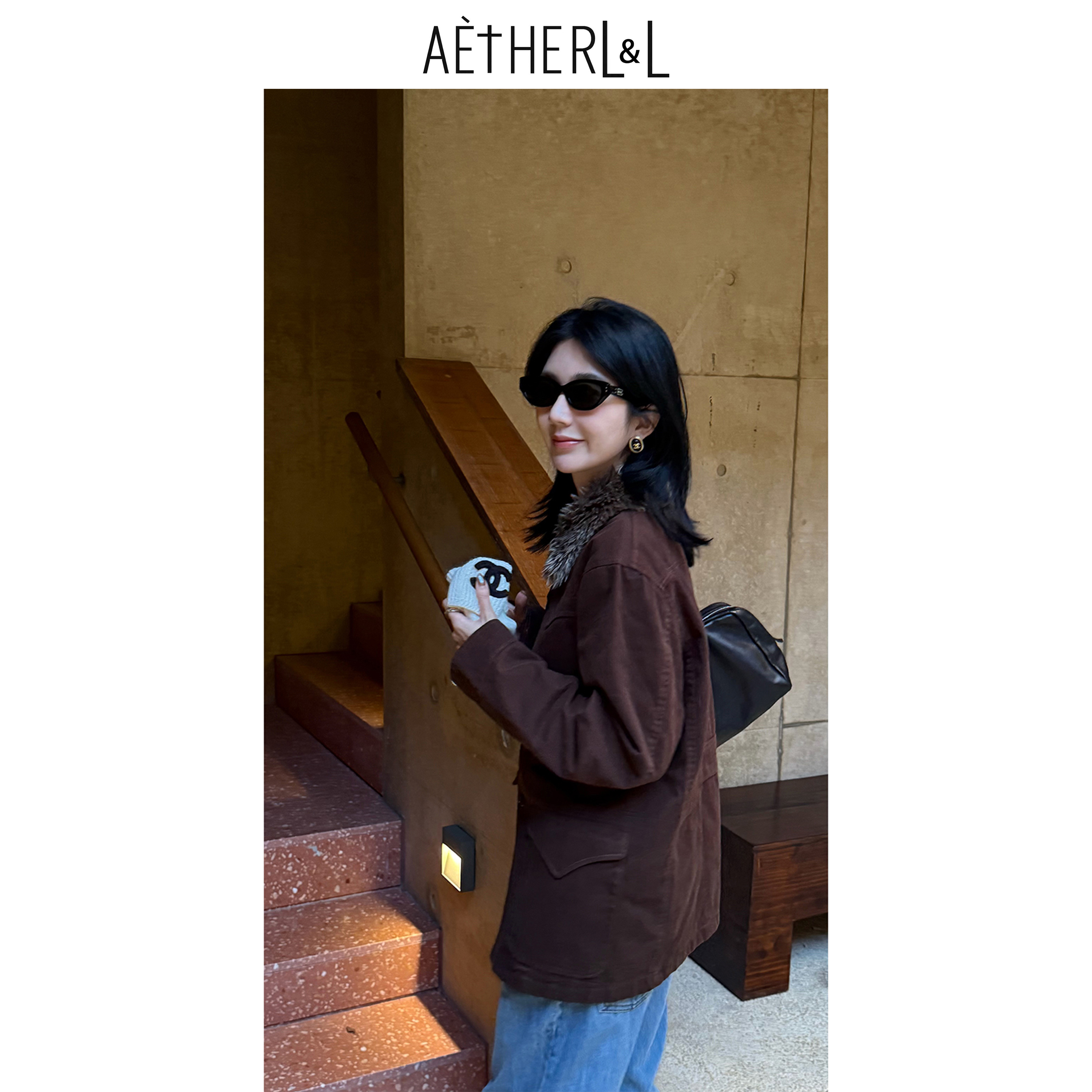 AETHERLL 毛领外套女秋冬复古宽松高级气质美拉德上衣A1096