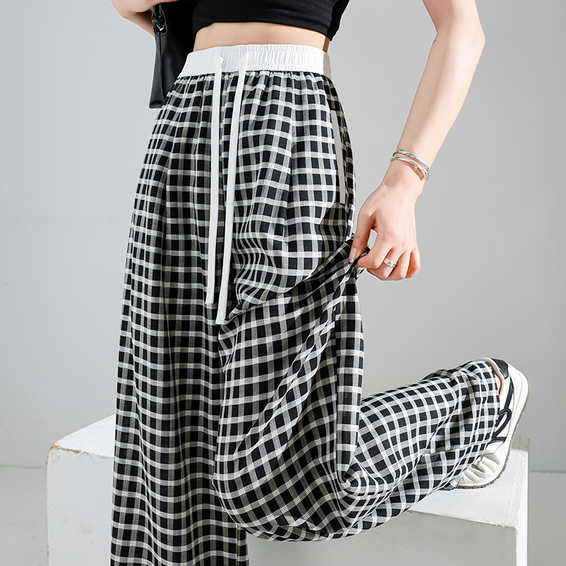 夏季薄款黑白格子阔腿裤女高腰宽松垂感直筒仿麻西装拖地裤女