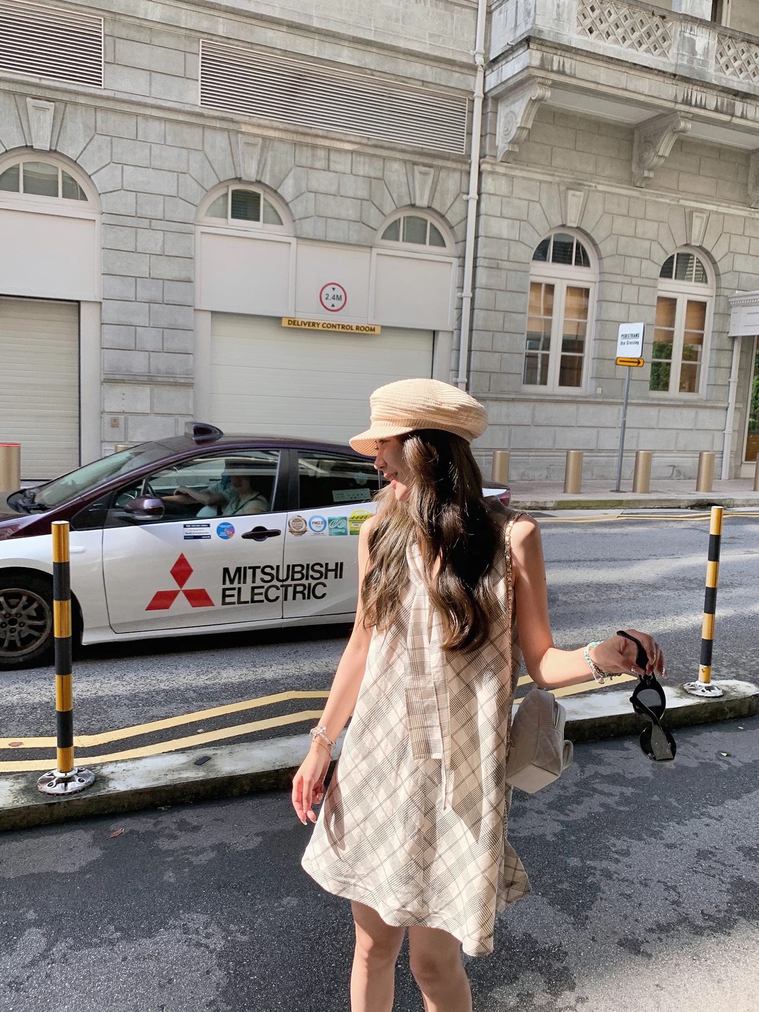 气质海军领连衣裙显瘦碎花复古夏季无袖夏装吸汗格纹