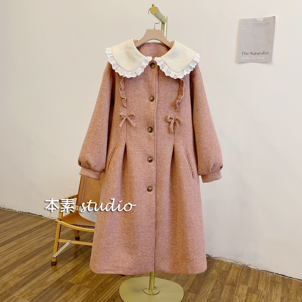 C2925千鸟格蝴蝶结木耳边娃娃领毛呢外套