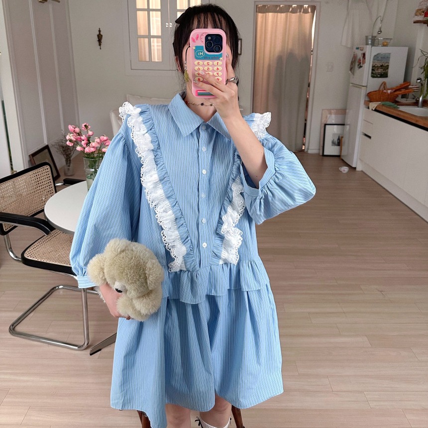韩国chic春季新款减龄拼接蕾丝花边条纹娃娃连衣裙女