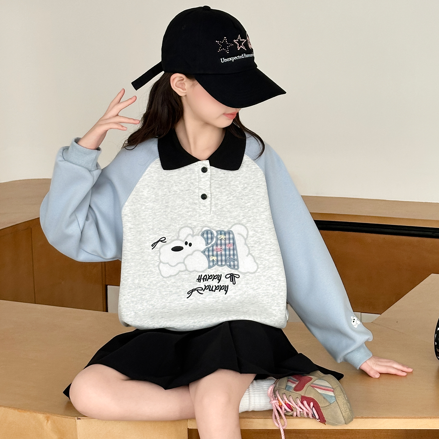 女童翻领卫衣秋装儿童洋气长袖t恤2025新款韩范女孩polo领上衣潮