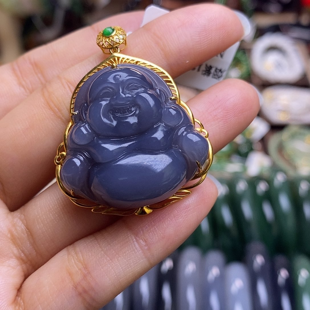 颈饰未镶嵌和田玉毕业级老坑料高冰浓烟紫金镶佛公吊坠