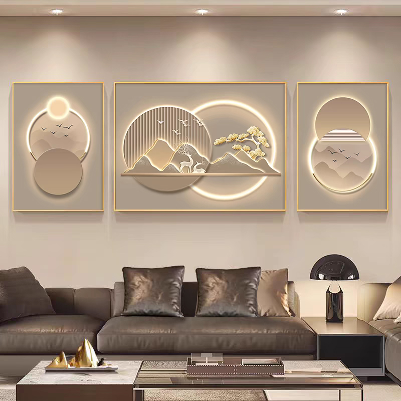现代轻奢客厅装饰画高端大气沙发背景墙挂画2025新款山水三联壁画