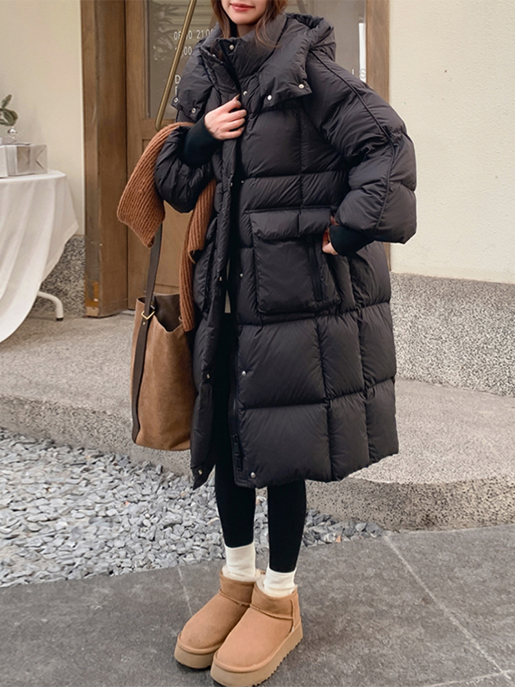 【A9290】加厚长款羽绒服女2025冬季新款慵懒风宽松连帽白鸭绒外套