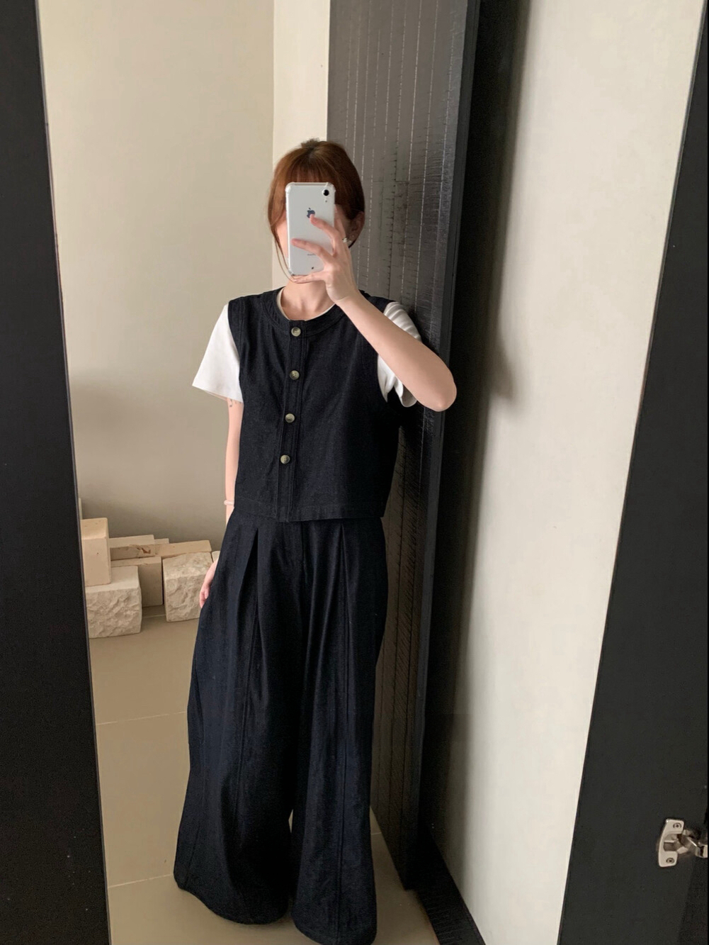 韩系圆领毛边无袖马甲高腰显瘦阔腿裤两件套