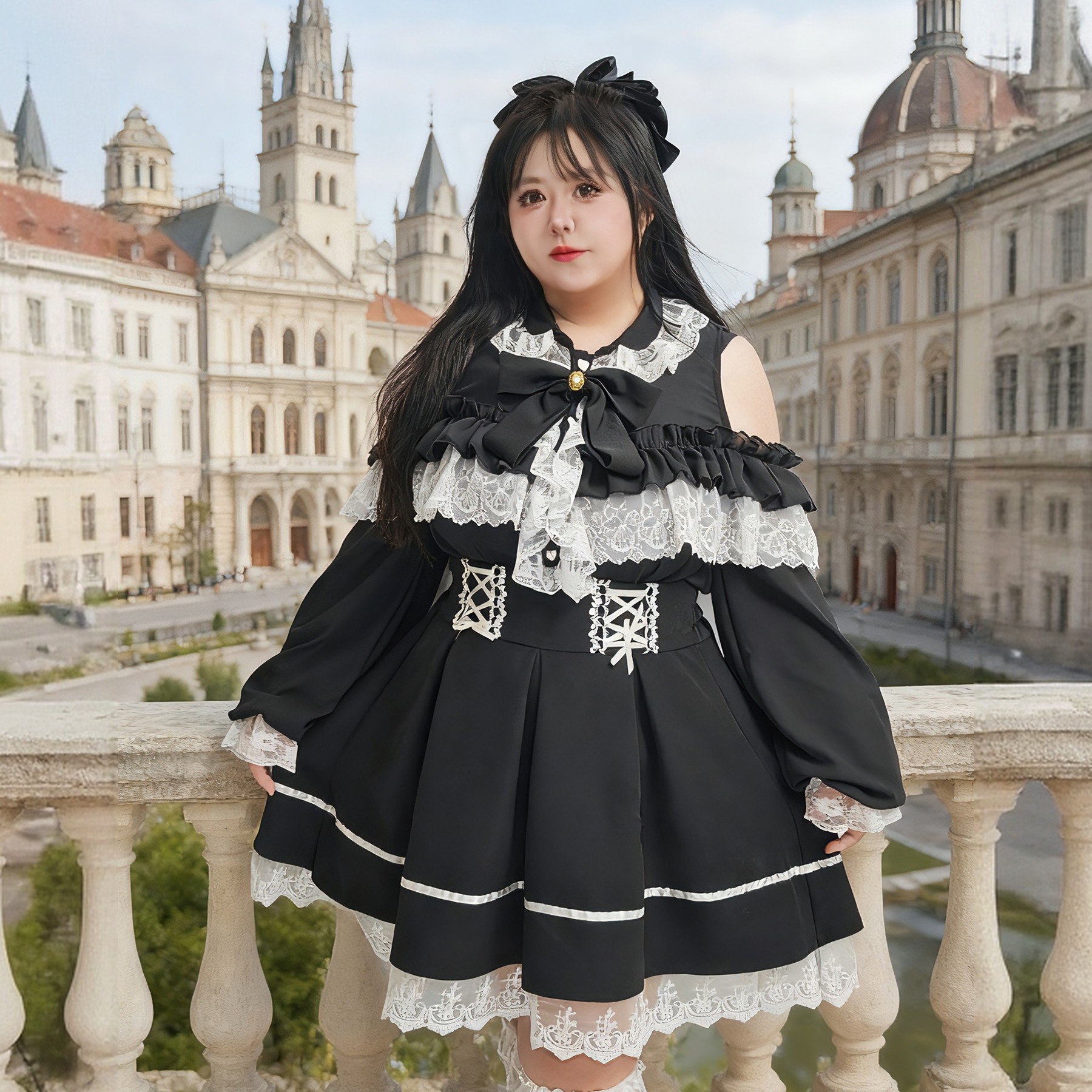 肉梦大码地擂系蕾丝花边镂空袖长袖衬衫高腰绑带轻亚比半身裙显瘦