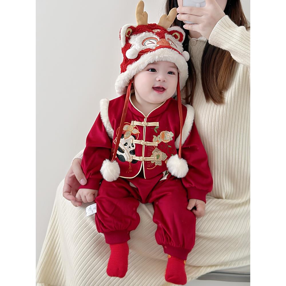 婴儿拜年服过年喜庆衣服冬季百天连体男女宝宝满月一户外女宝爬行
