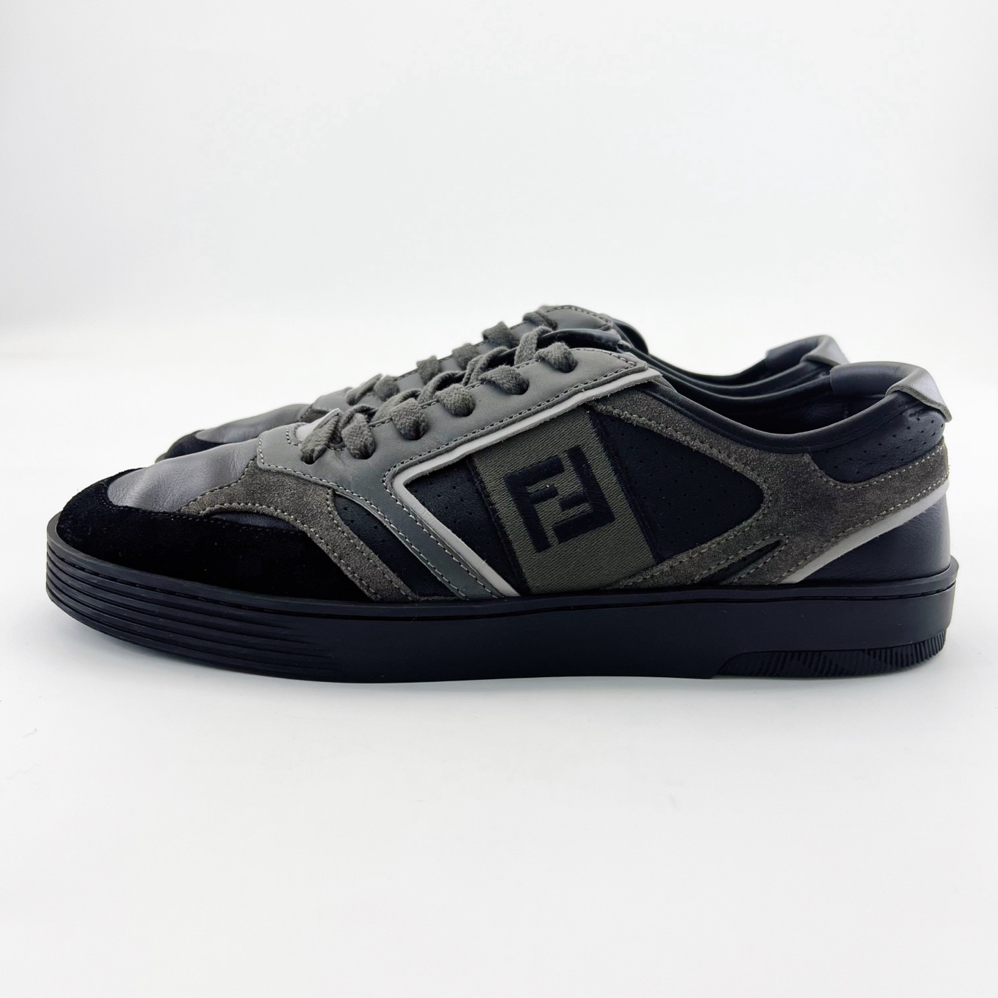 95新 FENDI/芬迪 41码/黑色皮革圆头系带低帮平底板鞋/15418281
