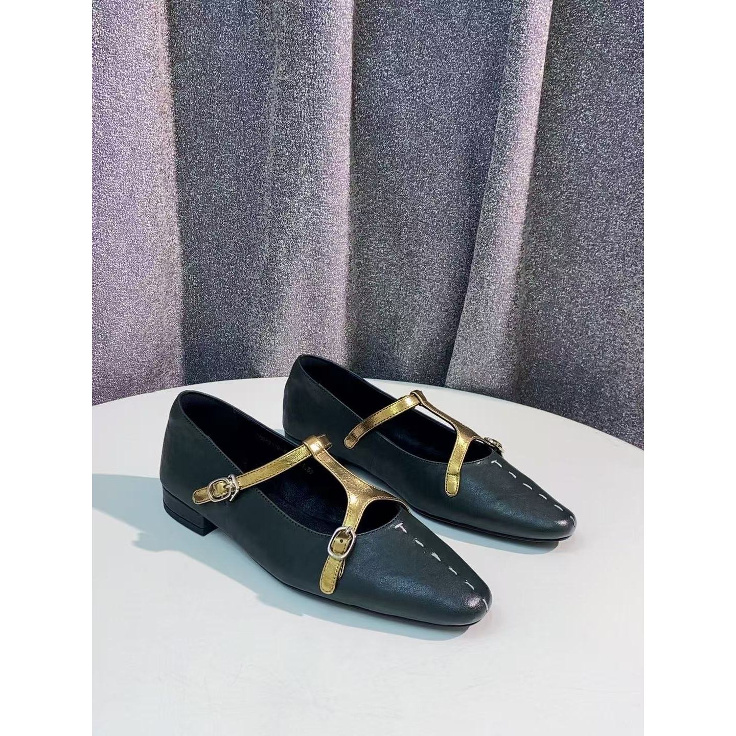 C1646 绿/金 时尚尖头舒适低跟玛丽珍真皮浅口女单鞋