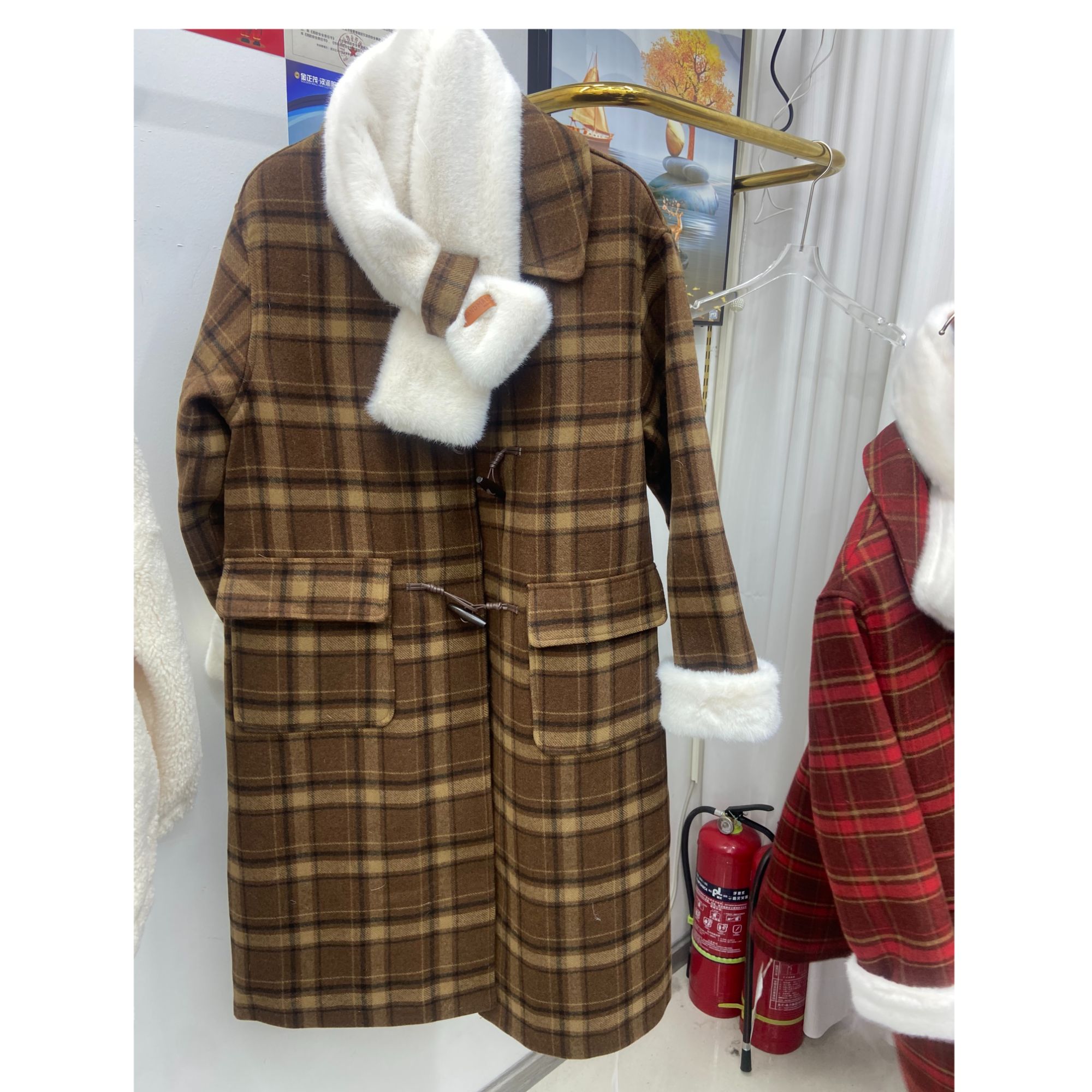 美拉德格纹毛呢外套中长款呢子大衣