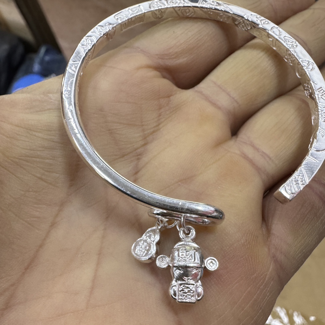 足银手镯 足银手镯 新款手工定制 999足银四方吉言开口实心女款