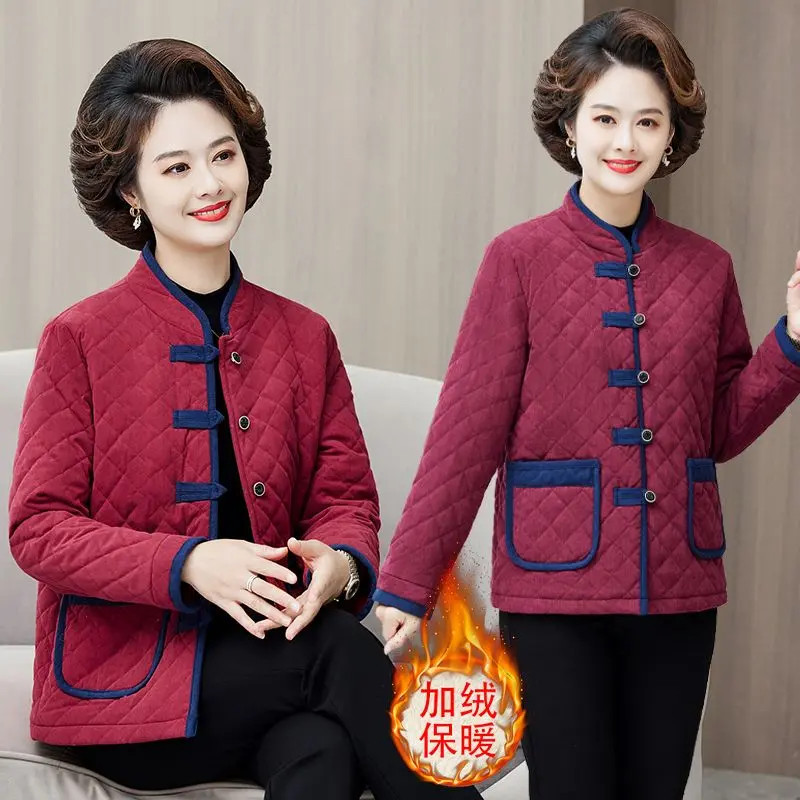 B150妈妈装冬季灯芯绒棉服新款盘扣加绒保暖棉袄女中老年棉衣外套