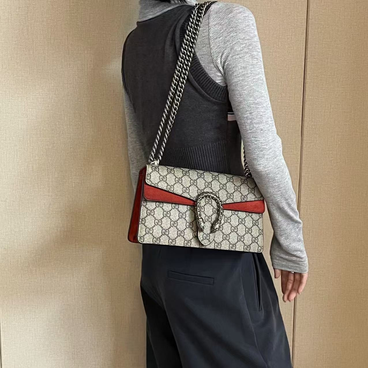 95新 GUCCI/古驰  老花拼红酒神中号斜跨包/云海优选/53969