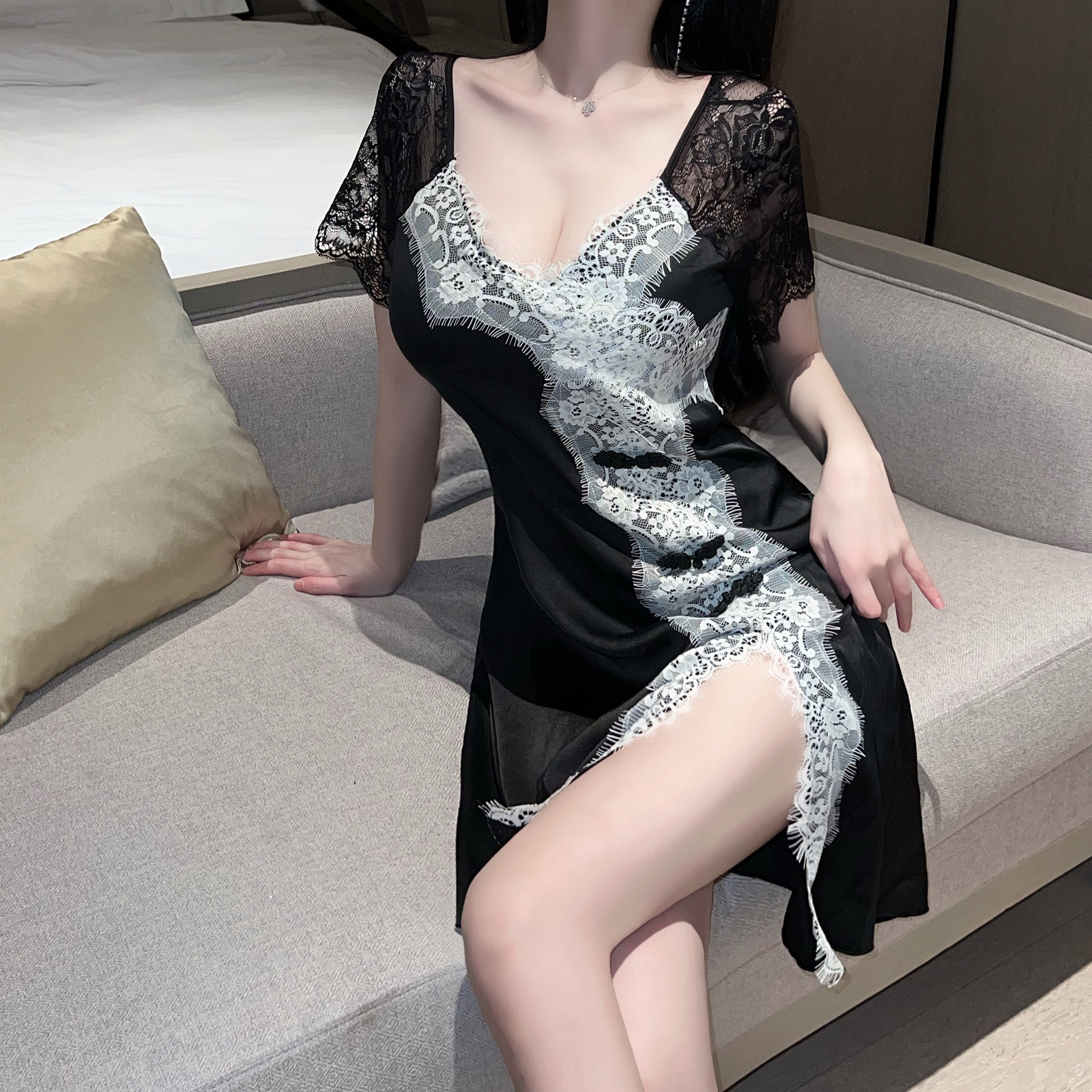 新款高级感爆款免脱纯欲挑逗性感若隐若现胖mm国潮风家居睡裙套装