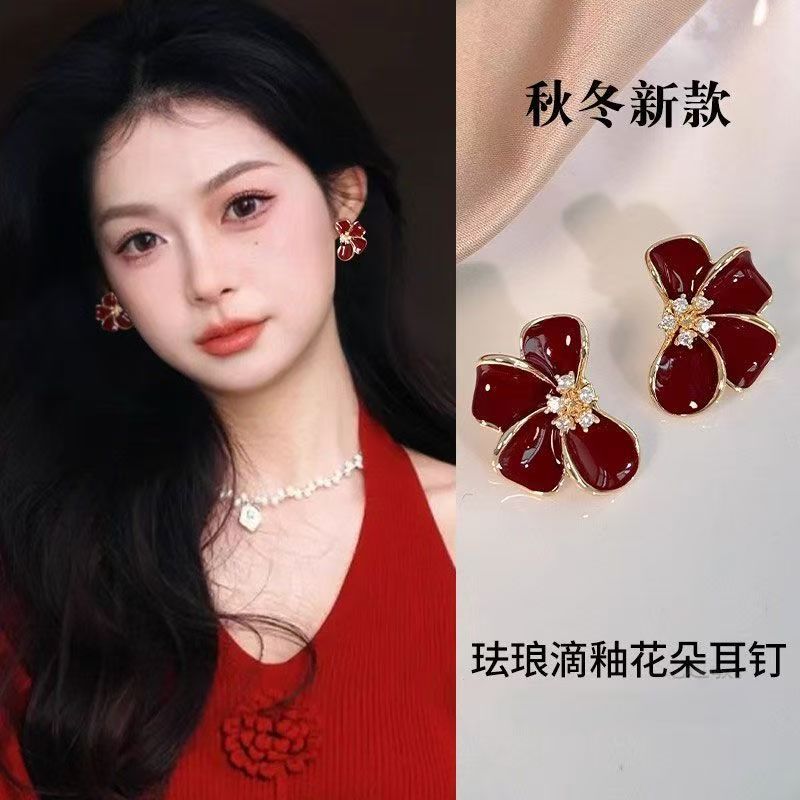 铜合金珐琅耳饰 复古秋冬红色滴釉耳钉女百搭耳环爆款轻奢耳饰