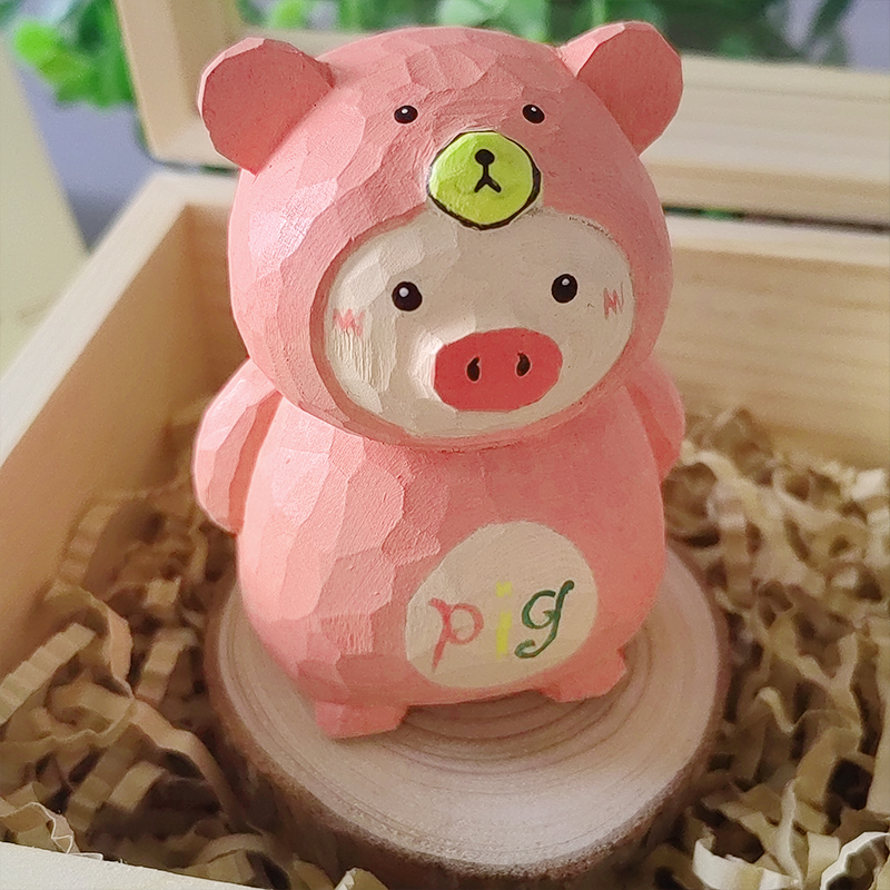 pig猪纯手工实木雕刻木质工艺品创意家居物件客厅办公室桌面摆件