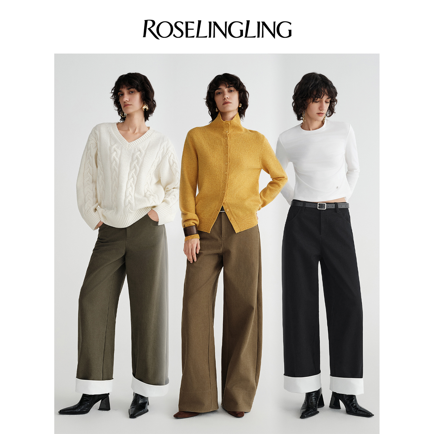 ROSELINGLING【神裤系列】斜纹牛仔撞色翻边佰搭直筒牛仔裤