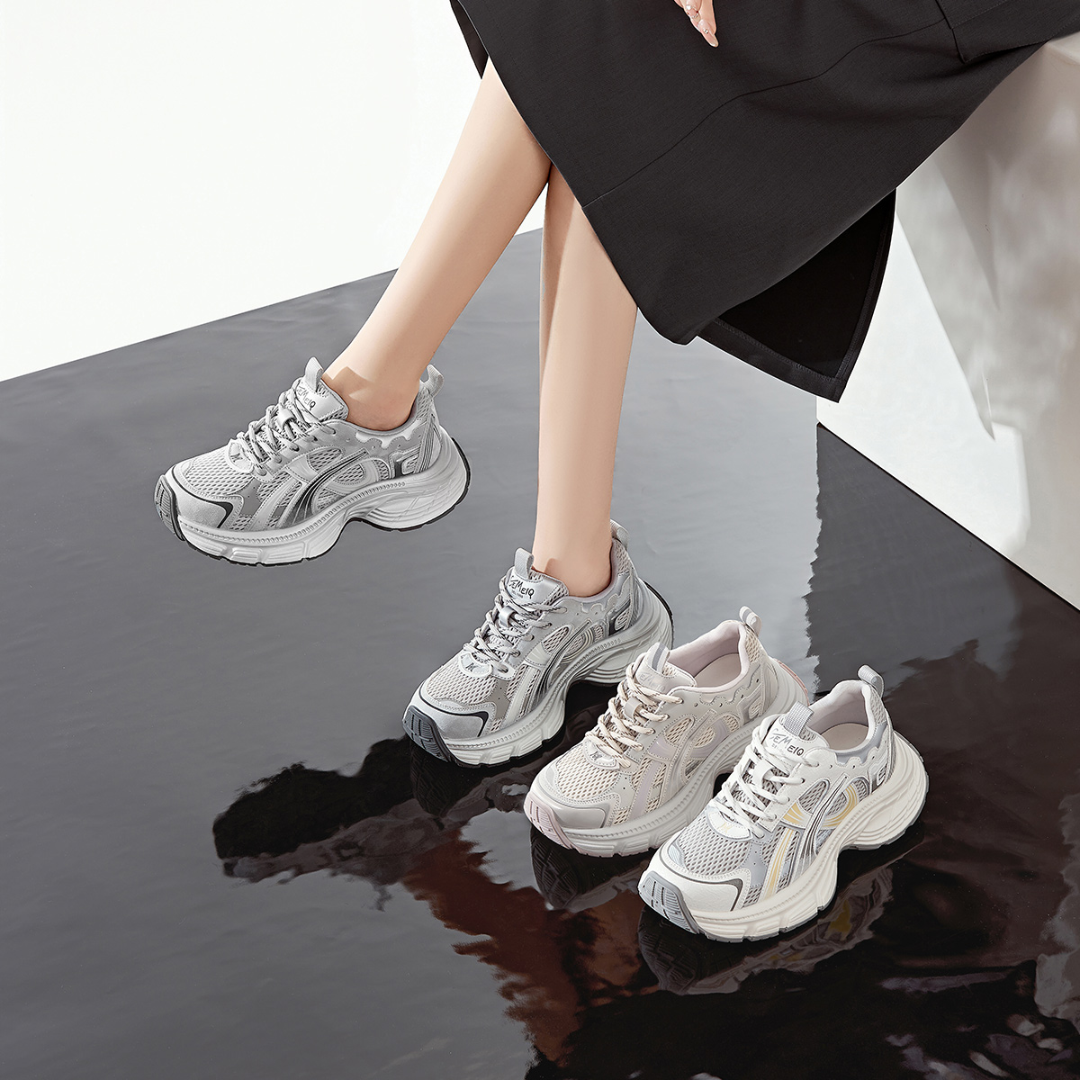 戈美其透气老爹鞋女2025新款秋季厚底增高网面薄款百搭休闲运动鞋