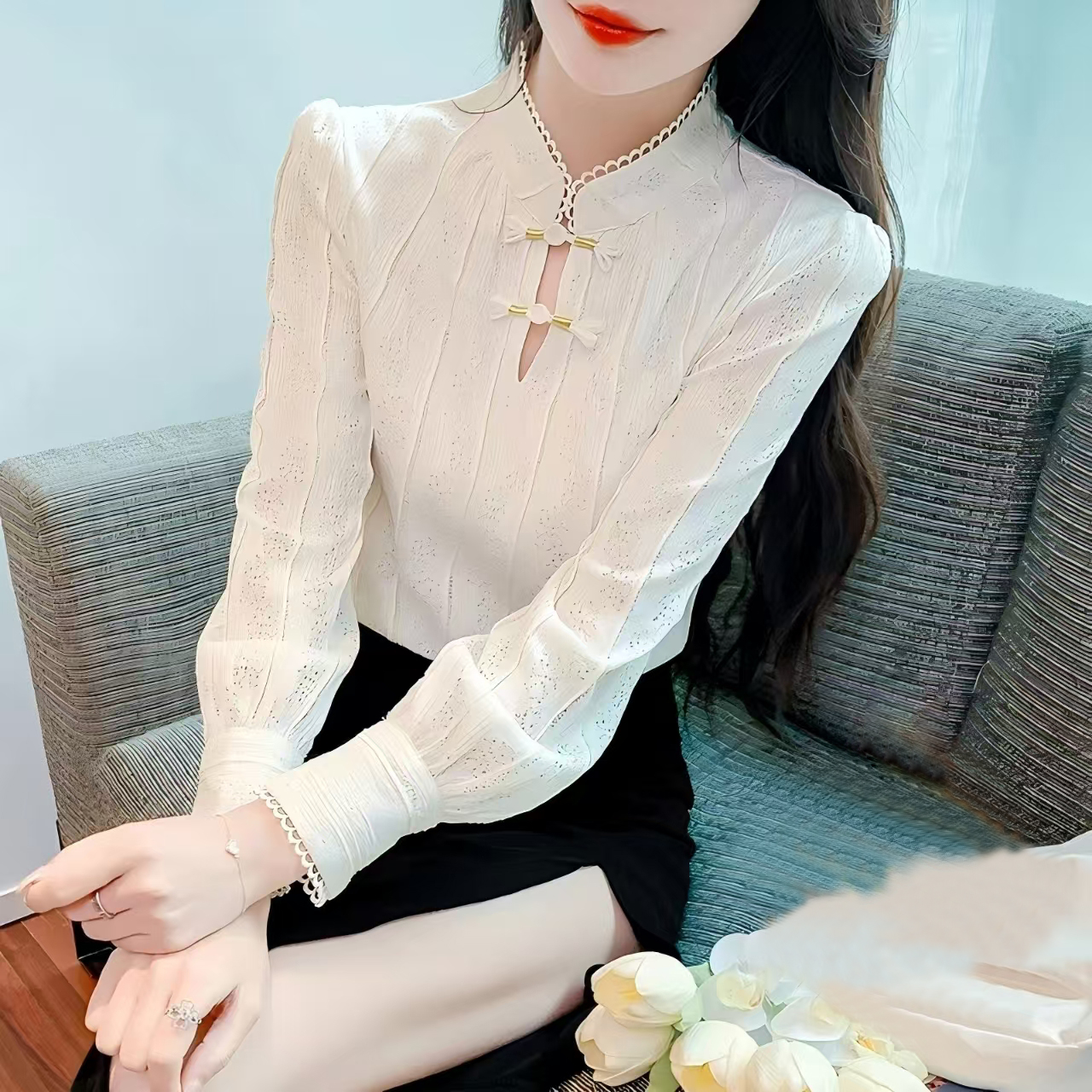 2025新中式复古立领盘扣衬衫女春季内搭小衫洋气上衣
