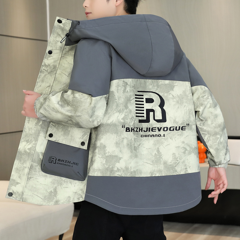 青少年脏脏晕染拼接学生春秋季连帽帅气休闲运动潮流男士夹克外套