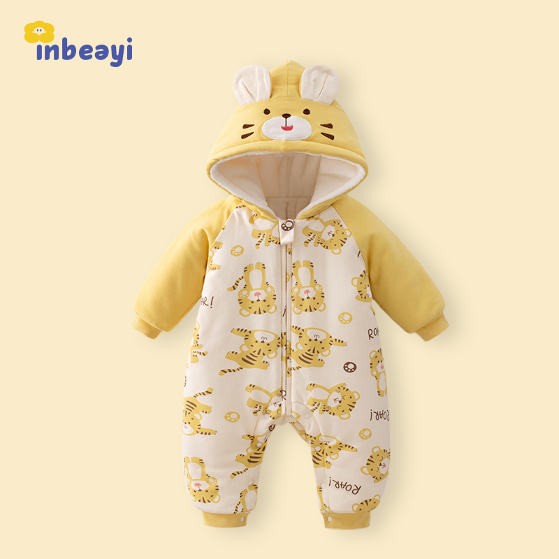 婴蓓依新生婴儿拜年服连体衣冬宝宝新年哈衣服连帽夹棉加厚外出服