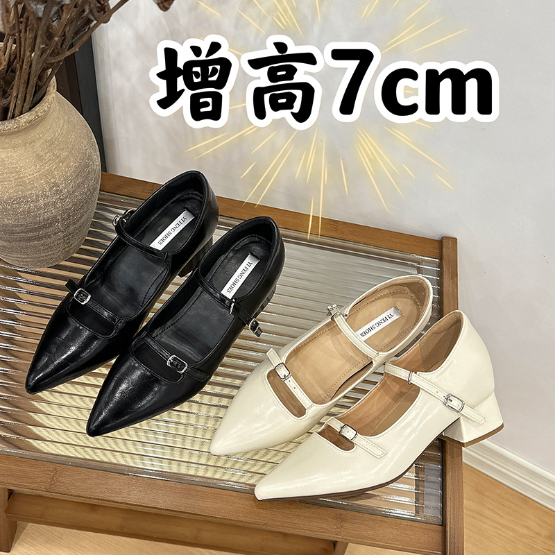 2025春秋新款尖头浅口粗跟单鞋女米白色一字带玛丽珍鞋内跟鞋