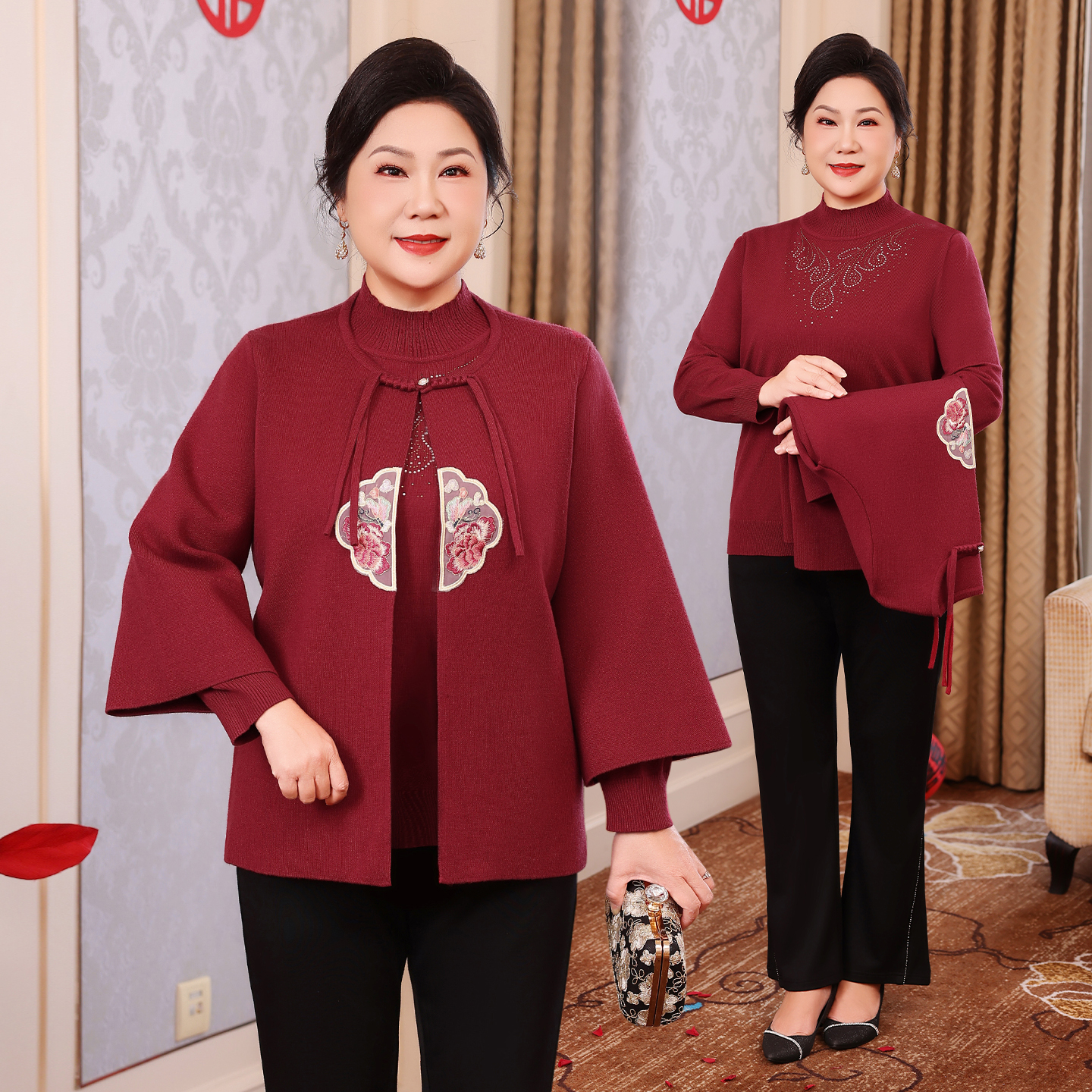 喜庆婚宴妈妈装套装毛衣针织衫十月份喜婆婆服装优雅礼服WM25739