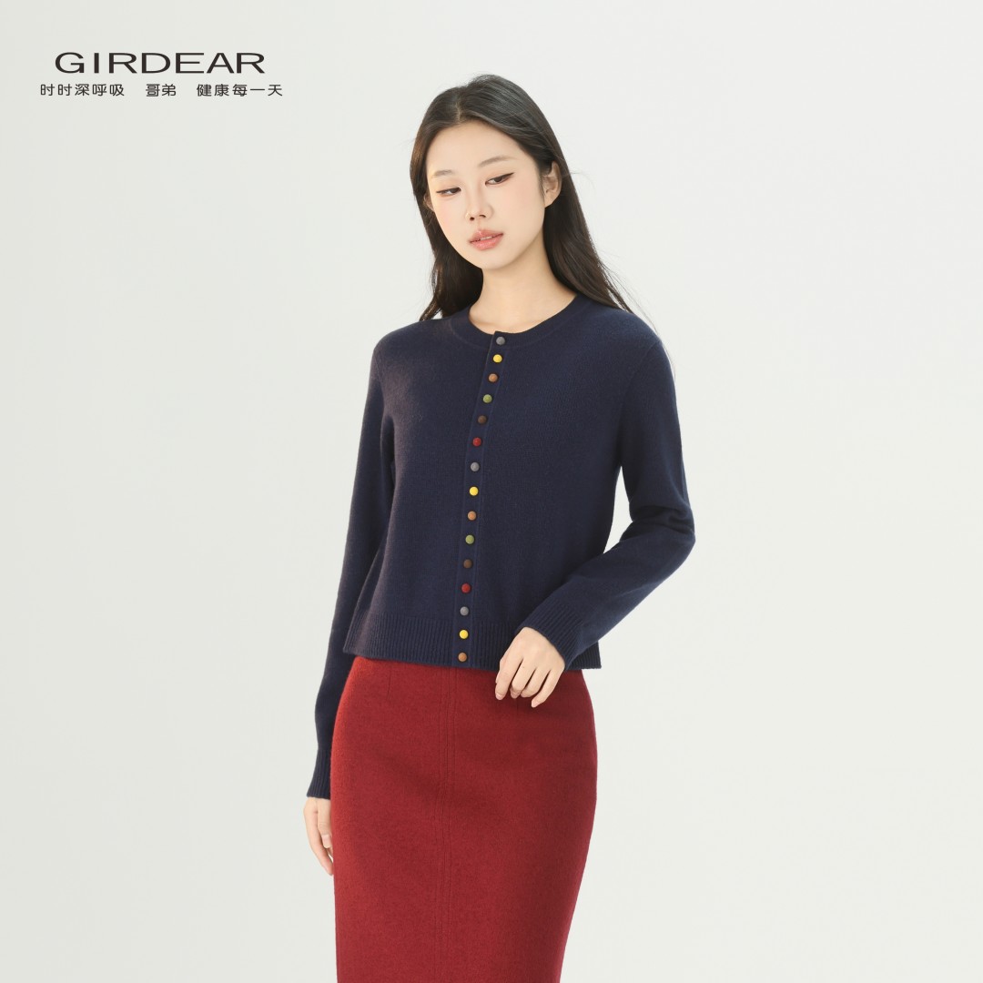 GIRDEAR/哥弟秋冬简约百搭小众设计彩色纽扣山羊绒针织开衫148064