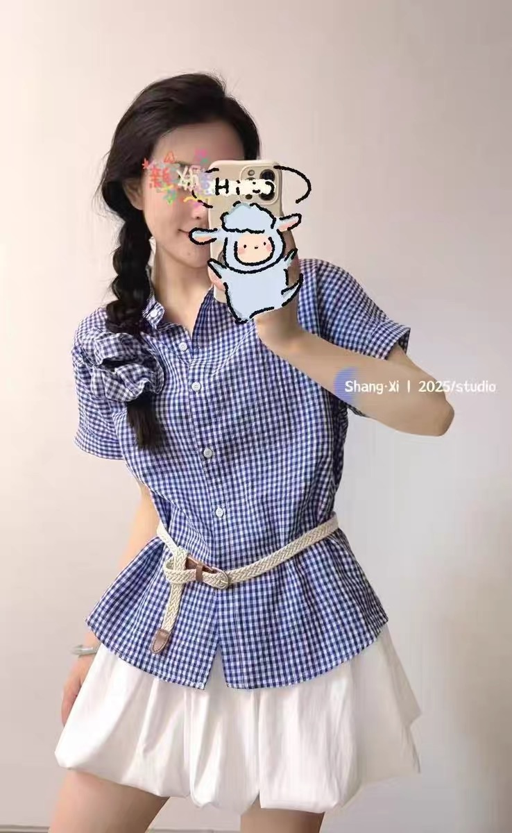 【江油火狐狸】C89333夏新款格子衬衫女宽松休闲百搭短袖花苞裙套装