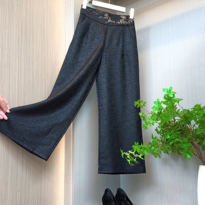 唐2025新中式复古老料桑丝龟裂纹时尚高腰刺绣直筒裤