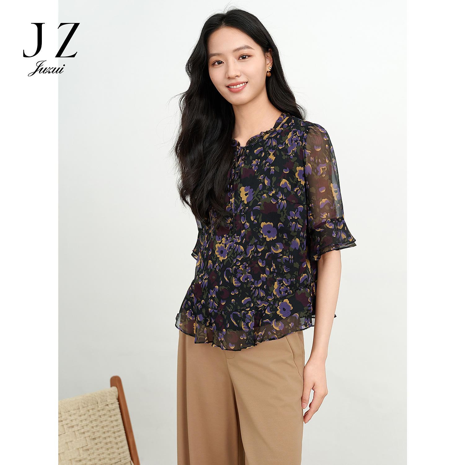 JUZUI玖姿JLFX80313轻熟碎花立领雪纺上衣女2025夏季新款