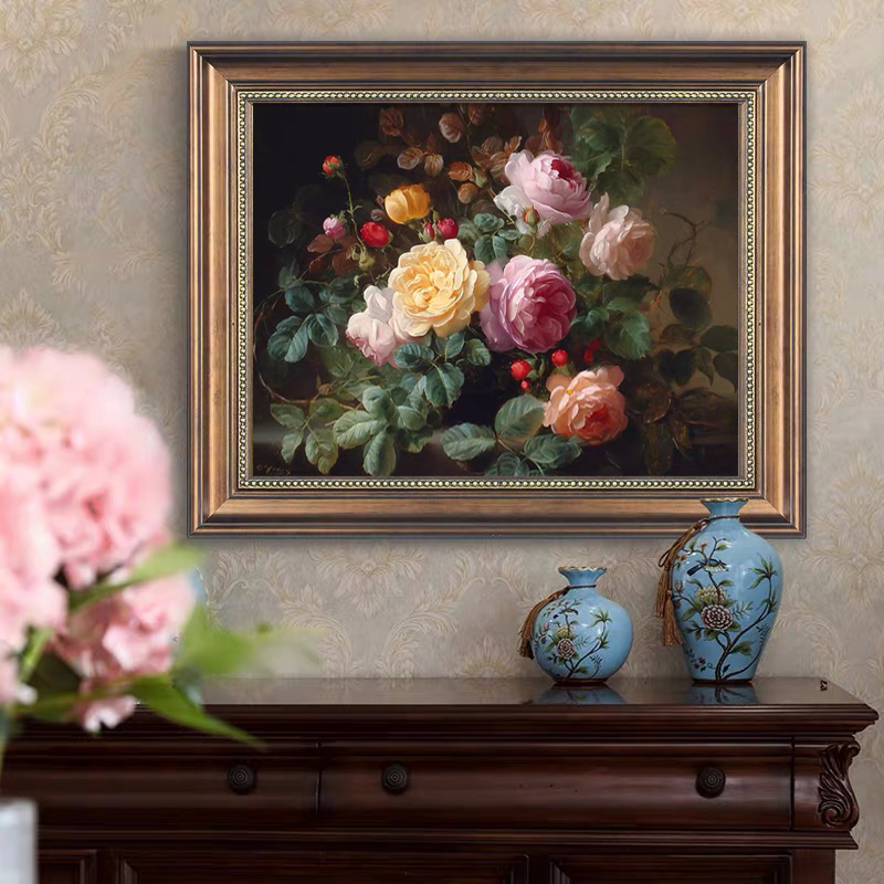 《花开富贵》手工油画美式法式中古风装饰画餐厅卧室抖柜摆台挂画