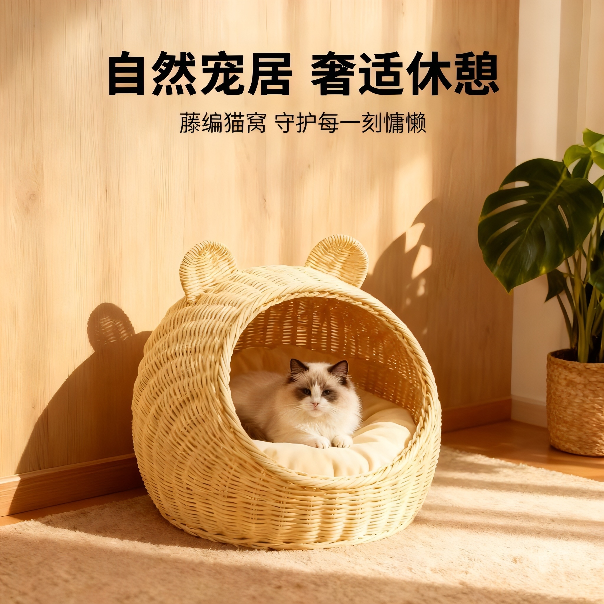 MW03手工藤编半封闭式猫窝四季通用透气可水洗宠物窝