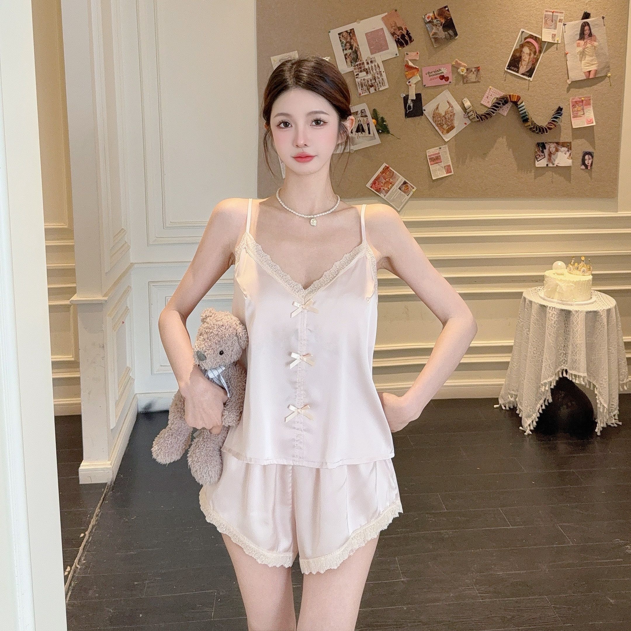 夏季睡衣家居服套装带胸垫居家蕾丝气质家居服睡裙纯欲风气质