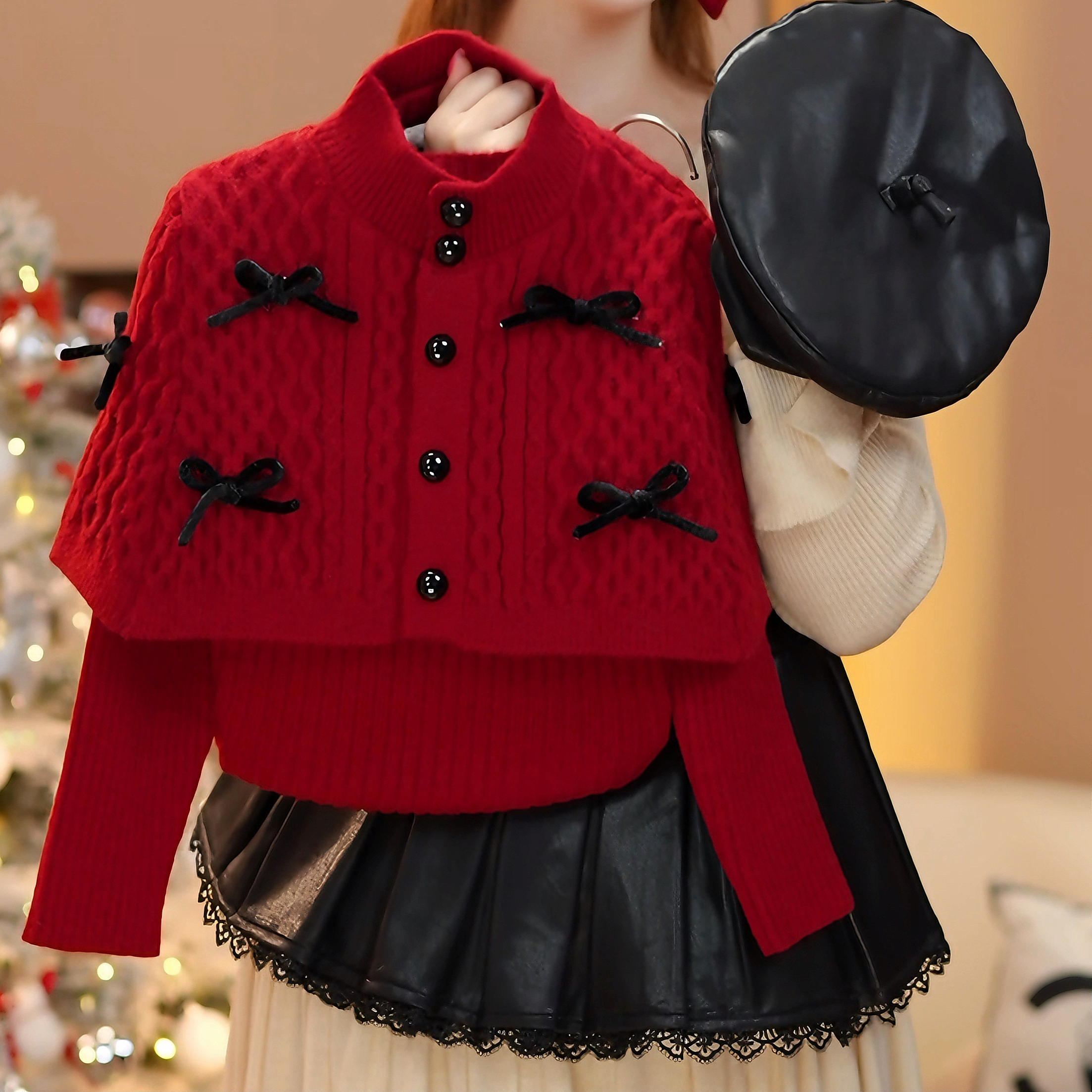 米小逗YT女童2025冬款女童国风真两件红毛衣新中式皮裙套装m308