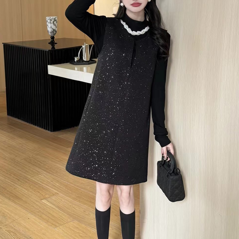 欧洲站重工钉珠亮丝两件套打底衫背心裙女5185-82151