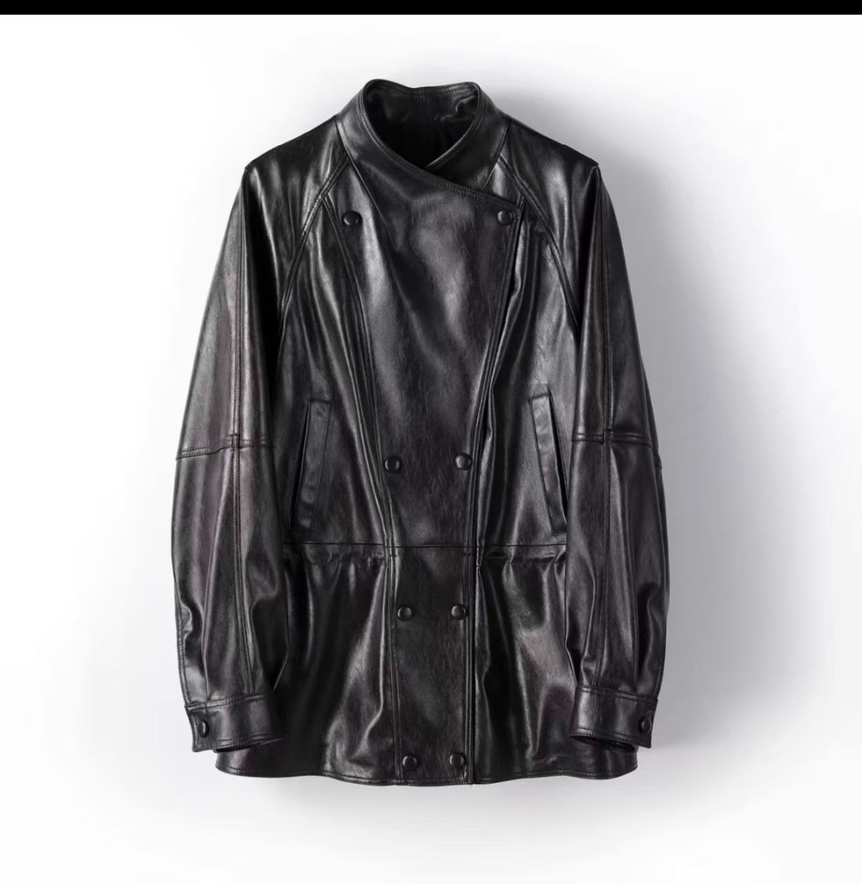 《冷翡翠》海宁爆款真皮油蜡中长款女士抽绳收腰双排皮扣绵羊皮外套