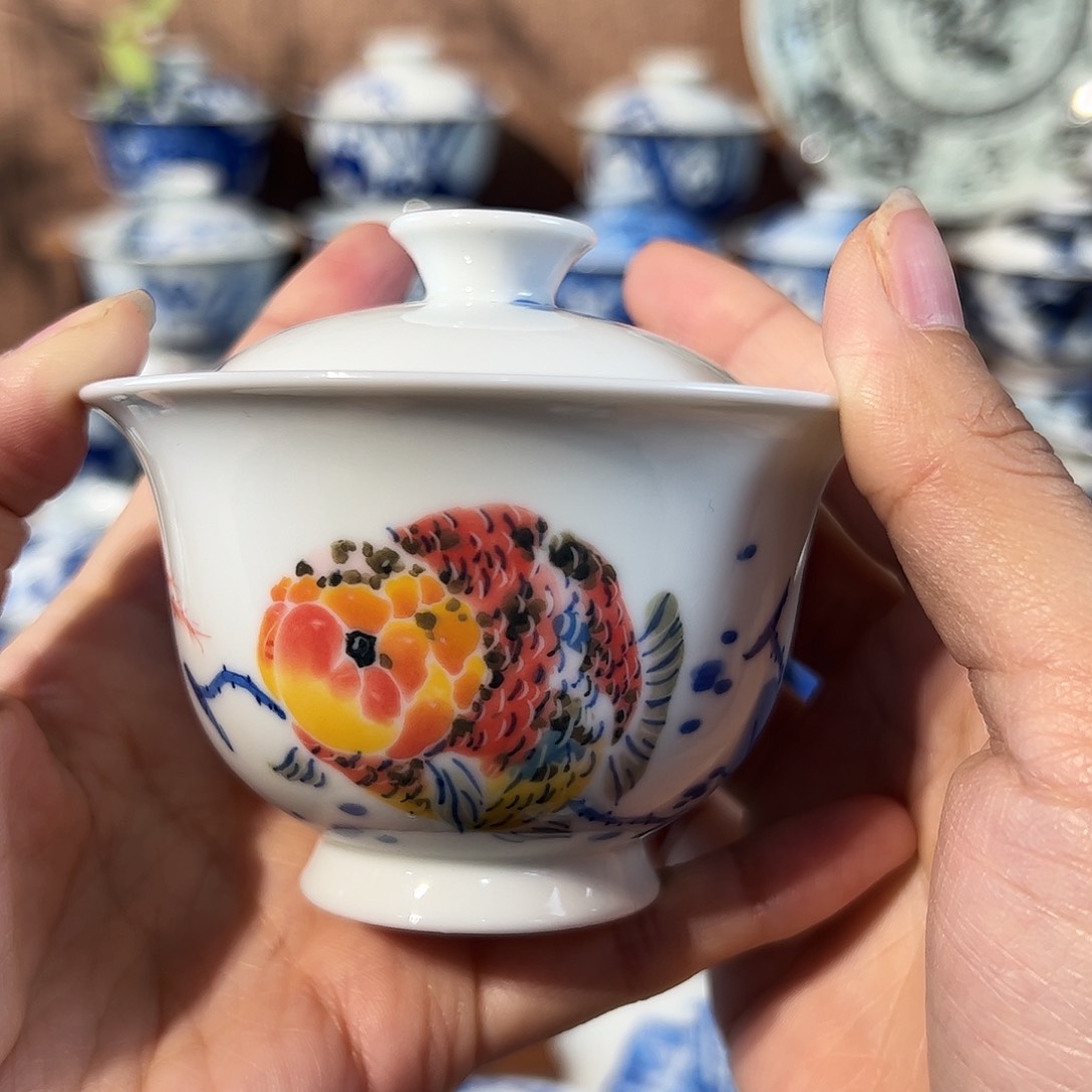 泥藝瓷梦金鱼盖碗