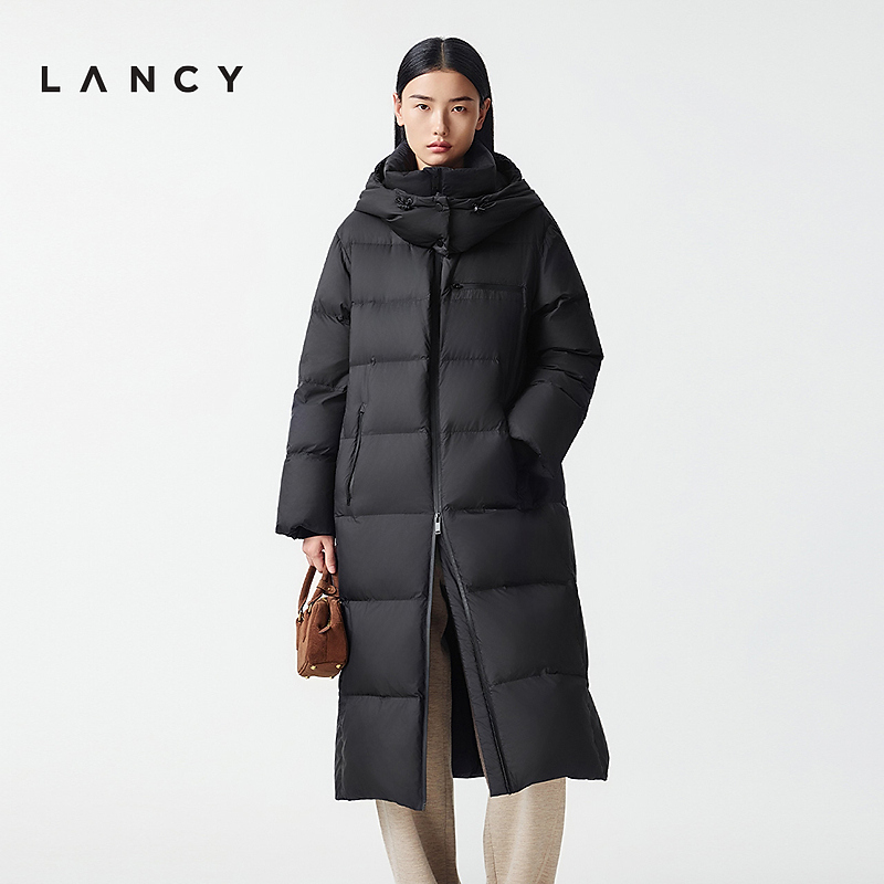 【匈牙利白鹅绒】LANCY/朗姿2025冬新款百搭高领连帽长款羽绒服女